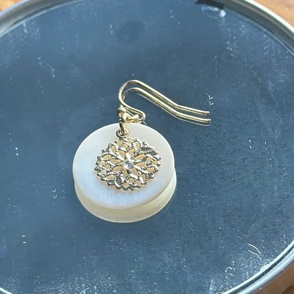 LC Lauren Conrad white stone  disc & gold tone filigree‎ drop wire earrings